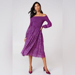 Free People Foiled Smocked Off The Shoulder Long Sleeve Midi Dress - XS - Purple